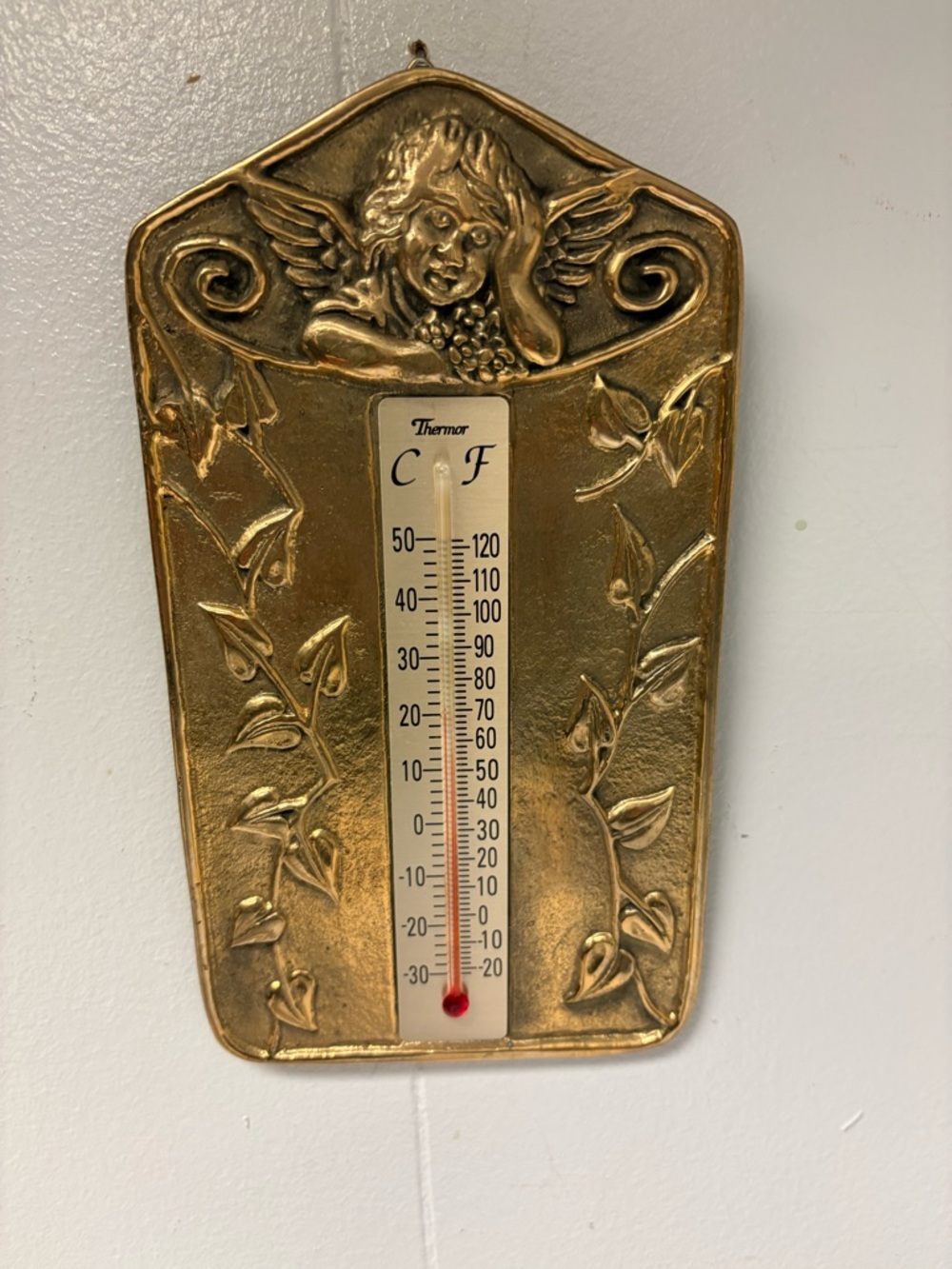 Vintage Brass Thermometer Featuring and Angel and Vines by R O C Made in Taiwan